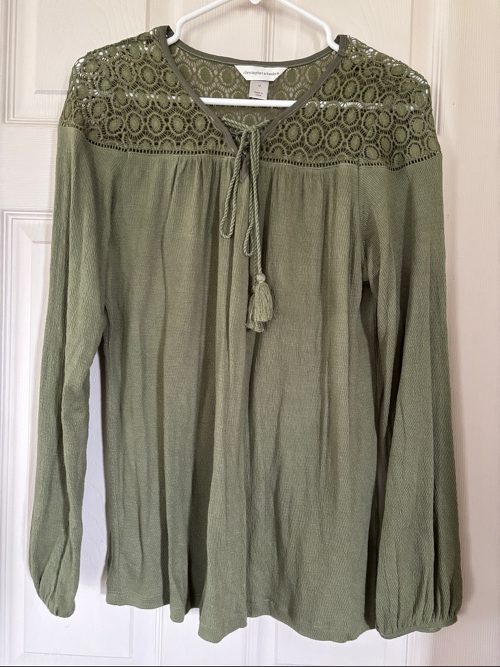 Christopher & Banks Olive Crochet Yoke Peasant Blouse